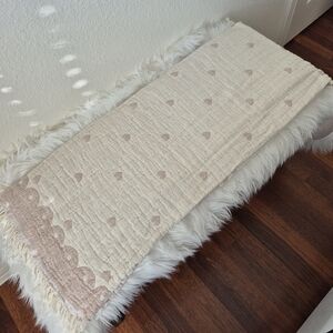 🩷 100% Cotton Portugal Cream and Pink Heart Patterned Reversible throw Blanket